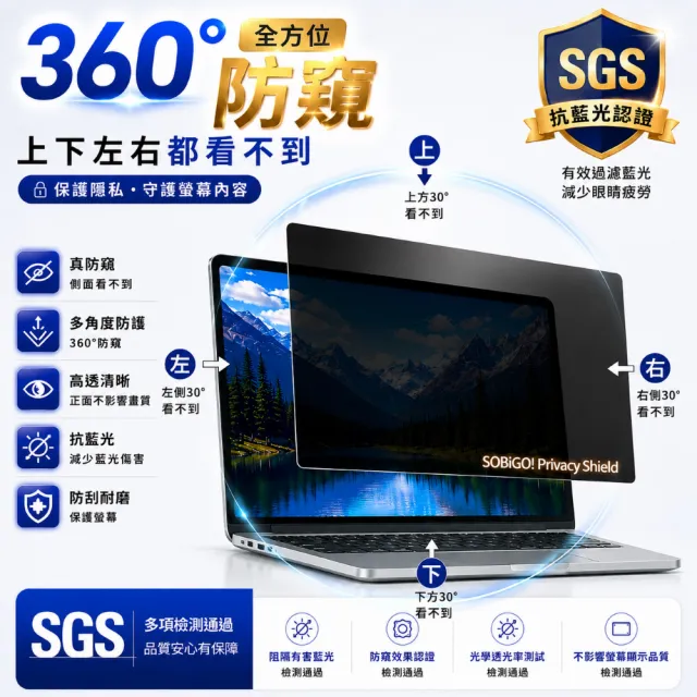 【SOBiGO】13.3吋 360度抗藍光防窺片 (四向防窺 有2種尺寸) 台灣SGS