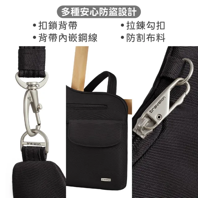 【Travelon】美國 Classic 5層防盜斜背包 墨黑 / RFID側背包 斜背包 背帶包 防割防搶