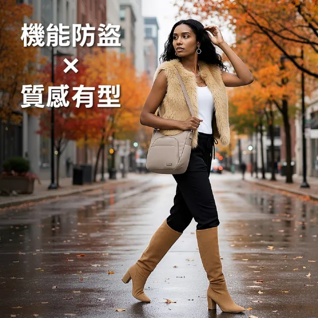 【Travelon】美國 Classic 4層防盜斜背彎月包 榛果棕 / RFID斜背包 側背包 背帶包 防割防搶