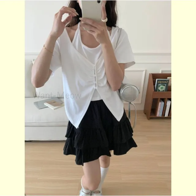 【Want-Meow】85公斤可穿/顯瘦假兩件繞頸抓皺綁帶彈力面料短版大學T短袖T(大碼上衣/大碼/大尺碼/短袖上衣)
