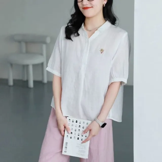 【MU YI YANG 慕衣洋】刺繡POLO領寬鬆上衣