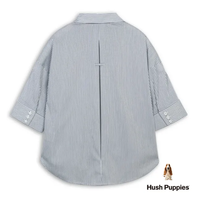 【Hush Puppies】女裝 襯衫 細直條紋刺繡小狗連袖襯衫 (黑/白條紋 / 64212101)