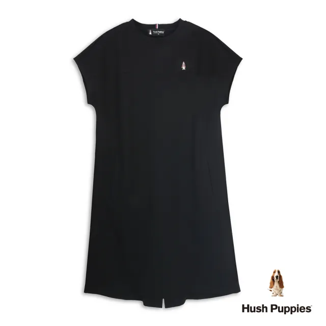 【Hush Puppies】女裝 洋裝 素色刺繡小狗寬鬆版休閒洋裝 (黑色 / 64215102)