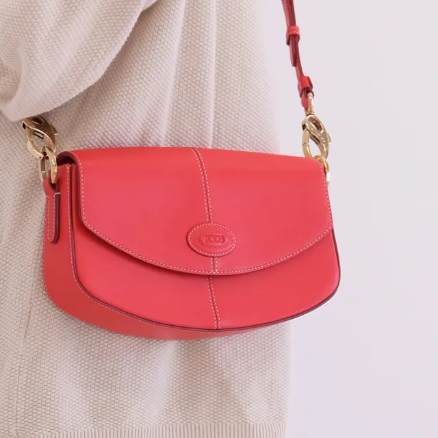 【TOD’S】TODS C-Bag 簡約經典LOGO小牛皮翻蓋手拿包斜背包(紅)