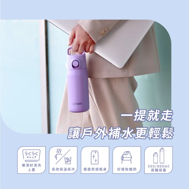 【TIGER 虎牌】momo獨家 買1送1 彈蓋雙層不鏽鋼保溫瓶 500ml(MTA-J050輕量手提保溫杯)