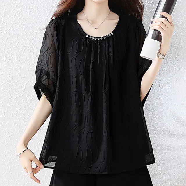【麗質達人】8636黑色百搭五分袖上衣-LY (L-5XL)