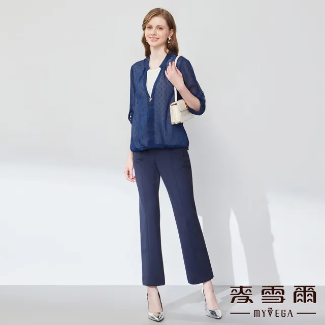 【MYVEGA 麥雪爾】MIT假兩件式銀絲燒花七分袖上衣-深藍