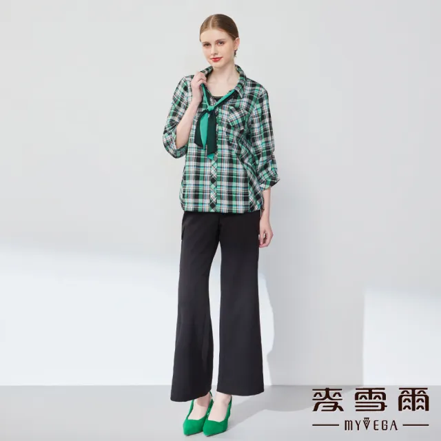 【MYVEGA 麥雪爾】MIT高含棉可拆式絲巾格紋襯衫-綠