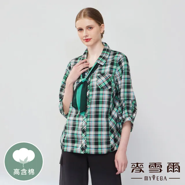 【MYVEGA 麥雪爾】MIT高含棉可拆式絲巾格紋襯衫-綠