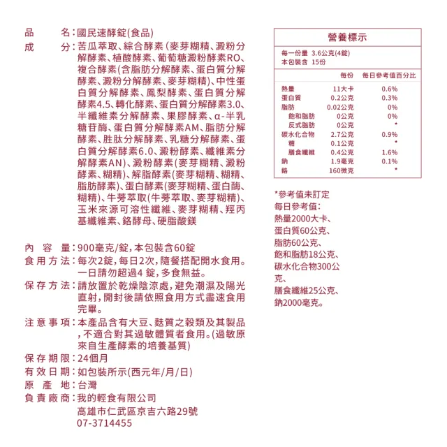 【營養師輕食】國民速酵錠3盒組(一盒60顆 消化酵素 分解澱粉油脂 苦瓜胜肽 酵母鉻)