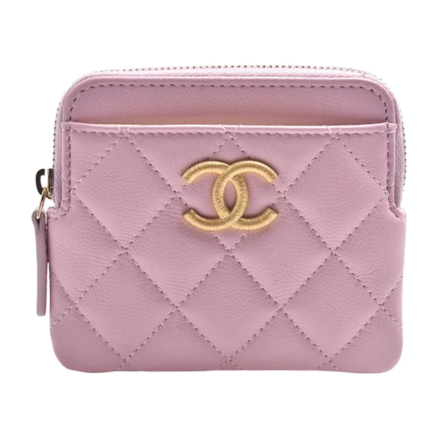 【CHANEL 香奈兒】經典線圈紋雙C LOGO菱格紋牛皮拉鍊吐司零錢包(粉紅色)