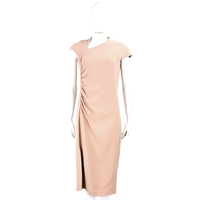 【MaxMara】Vermut 縐紗單側開衩粉裸色中長洋裝(義大利精品時裝)