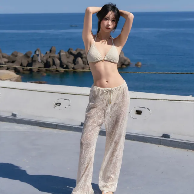 【SeasonsBikini 】歐美性感丁字比基尼bikini三件套(含長褲)泳裝 可可棕/奶油白-542