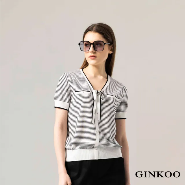 【GINKOO 俊克】前綁帶條紋針織上衣