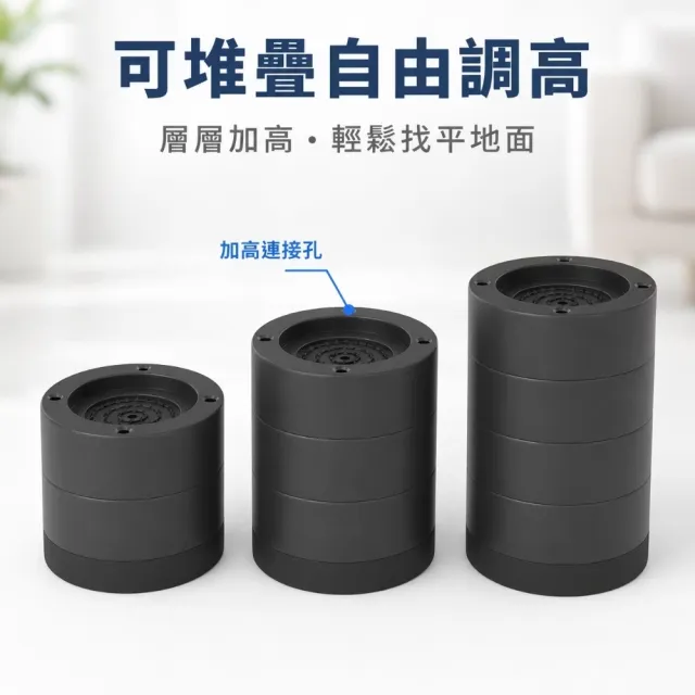 防滑減震可堆疊增高腳墊黑色四入一組(桌腳加高 沙發墊座 洗衣機腳 家具支撐 圓形底座)