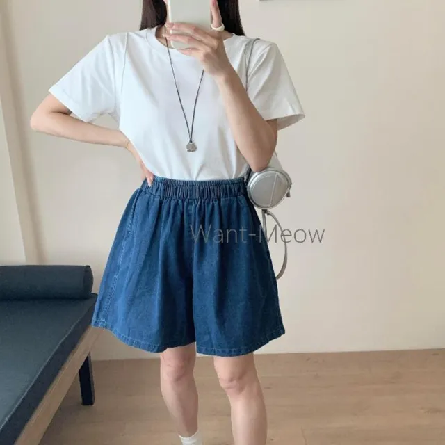 【Want-Meow】70公斤可穿/寬鬆鬆緊腰顯瘦A字牛仔闊腿褲闊腿短褲(大碼/大尺碼/加大碼/短褲)