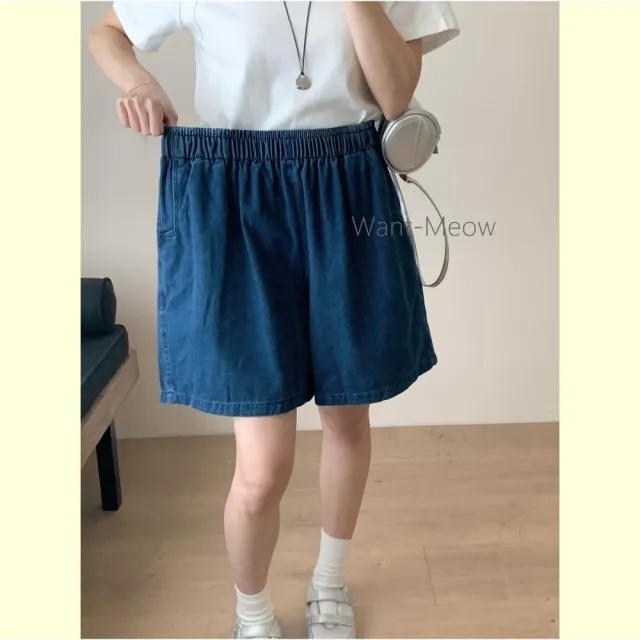 【Want-Meow】70公斤可穿/寬鬆鬆緊腰顯瘦A字牛仔闊腿褲闊腿短褲(大碼/大尺碼/加大碼/短褲)