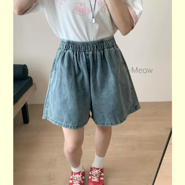 【Want-Meow】70公斤可穿/寬鬆鬆緊腰顯瘦A字牛仔闊腿褲闊腿短褲(大碼/大尺碼/加大碼/短褲)