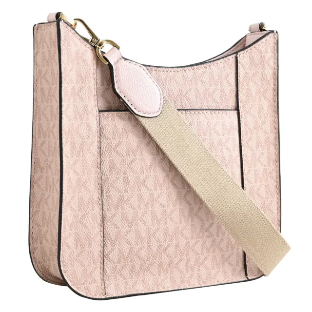 【Michael Kors】圓標LOGO滿版MK活動寬背帶個性斜背包(芭蕾粉 小)
