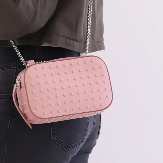 【TOD’S】TODS Diodon 經典豆豆包小牛皮迷你鍊包相機包斜背包(淺粉)