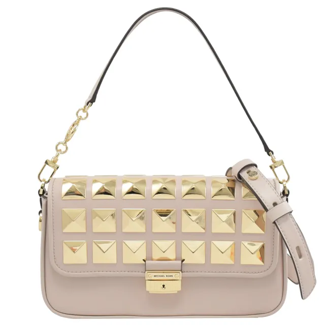 【Michael Kors】經典LOGO壓釦鉚釘翻蓋肩斜兩用包學院包(柔粉)