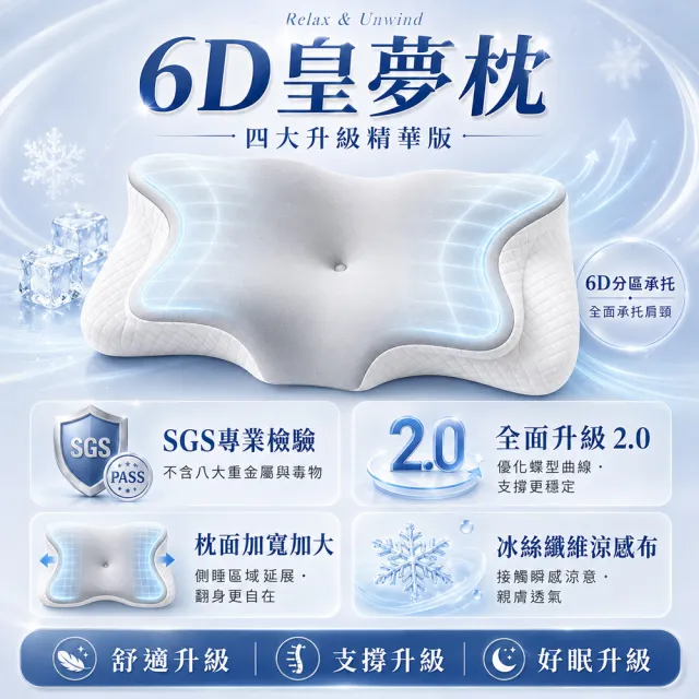 【MIT iLook】皇の夢枕-6D護頸除鼾釋壓好眠涼感蝶型記憶枕頭1入(2.0升級版)