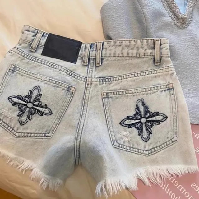 【ASister 小姊姊】AS2669#女裝|牛仔褲☆中大尺碼水洗刺繡毛邊牛仔短褲(淺藍色 S-5XL)