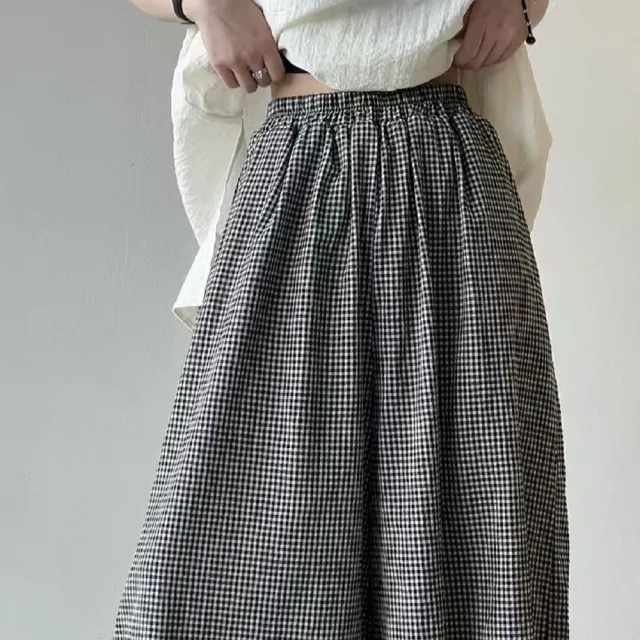 【ASister 小姊姊】AS2674#女裝｜休閒褲☆中大尺碼鬆緊帶棉麻格子9分寬褲(黑色 M-2XL)