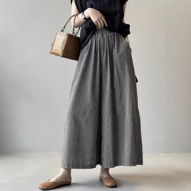 【ASister 小姊姊】AS2674#女裝｜休閒褲☆中大尺碼鬆緊帶棉麻格子9分寬褲(黑色 M-2XL)
