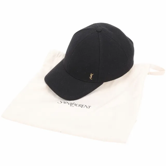 【YSL】Saint Laurent 聖羅蘭 羊毛氈混紡金字棒球帽(黑色)(遮陽帽 羊毛帽)