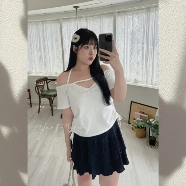 【Want-Meow】85公斤可穿/顯瘦辣美前抓皺雙側抽繩露肩繞頸上衣大學T短袖T(大碼上衣/大碼/大尺碼/短袖上衣)