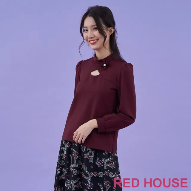 【RED HOUSE 蕾赫斯】鏤空剪接小立領上衣(酒紅色)