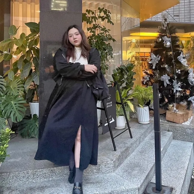【Want-Meow】90公斤可穿/２件組兩件套裝外套+長裙韓系素面棉外套開衩裙套裝(大碼上衣/大碼/大尺碼/套裝)