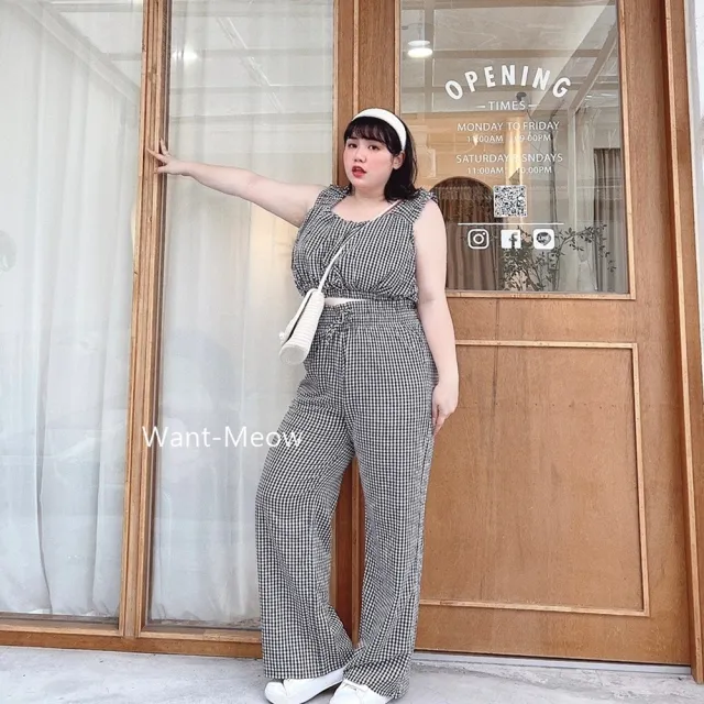 【Want-Meow】90公斤可穿/２件組兩件套裝背心+長褲韓系格紋背心套裝(大碼上衣/大碼/大尺碼/套裝)