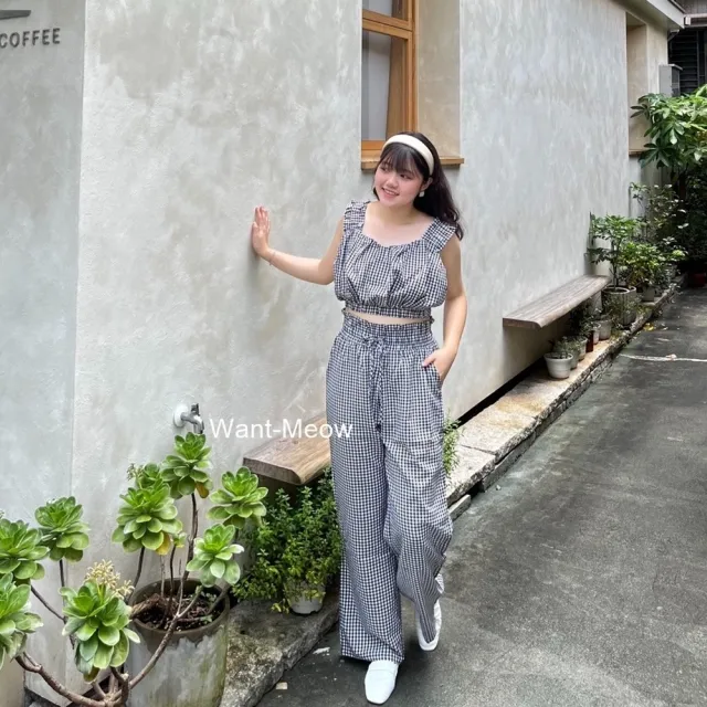 【Want-Meow】90公斤可穿/２件組兩件套裝背心+長褲韓系格紋背心套裝(大碼上衣/大碼/大尺碼/套裝)