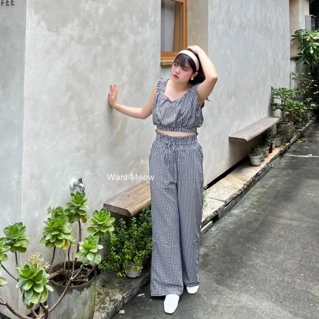 【Want-Meow】90公斤可穿/２件組兩件套裝背心+長褲韓系格紋背心套裝(大碼上衣/大碼/大尺碼/套裝)
