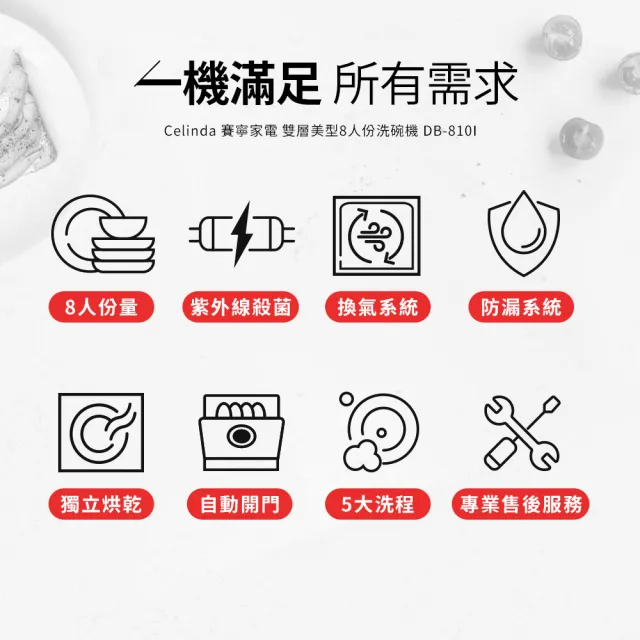 【Celinda 賽寧】8人份雙層美型/自動開門/紫外線殺菌洗碗機DB-810(110V/含安裝/獨立式/桌上型/嵌入型)