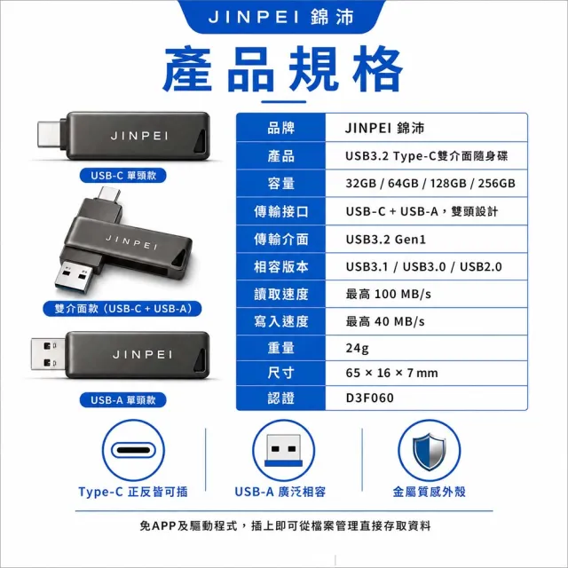【JINPEI 錦沛】32GB USB3.2 Type-C雙介面隨身碟