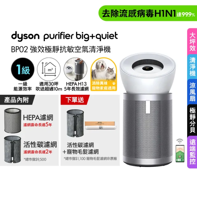 【dyson 戴森】BP02 Purifier Big+Quiet 強效極靜抗敏空氣清淨機(白色及柔霧銀 適用30坪)