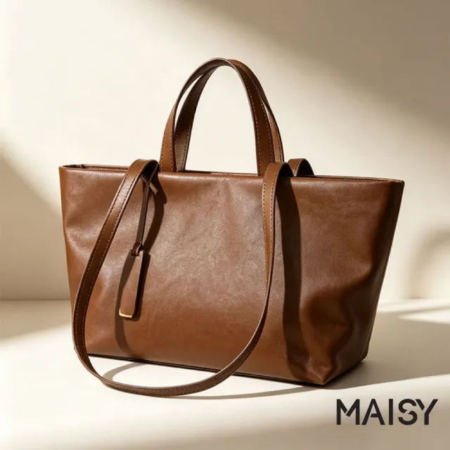 【MAISY】經典復古耐磨亮澤防水托特包 單肩包 手提包(酒紅色 / 椰棕色 / 黑色)