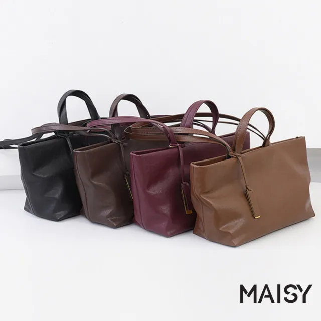 【MAISY】經典復古耐磨亮澤防水托特包 單肩包 手提包(酒紅色 / 椰棕色 / 黑色)