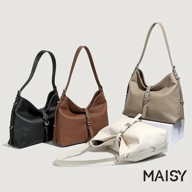 【MAISY】韓系個性銀扣質感荔枝紋腋下包 單肩包(奶白色 / 卡其灰 / 摩卡棕 / 黑色)