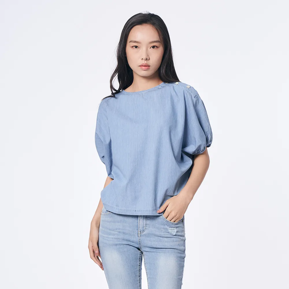 【5th STREET】女裝 短袖 短t 上衣 t恤 TEE 寬版 鈕扣 泡泡袖 淺藍(570972)