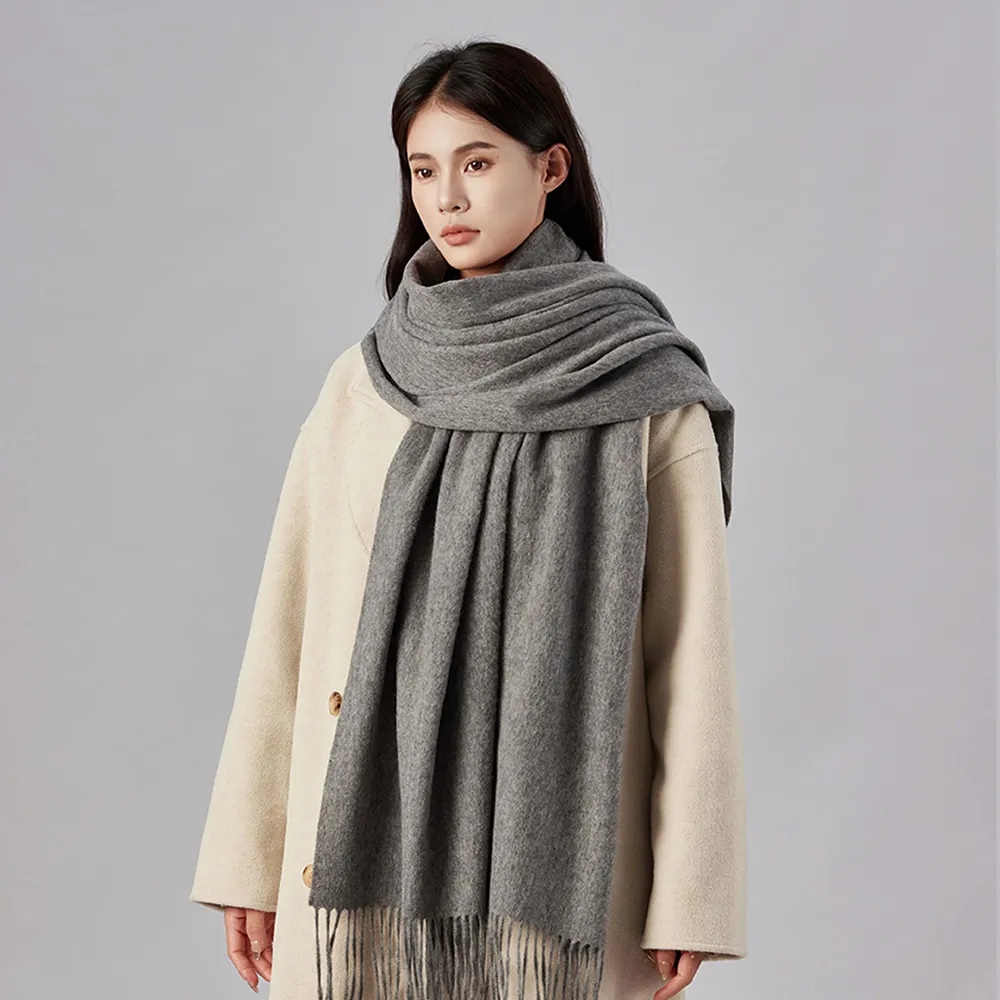 VEDINA】100%純羊毛超大披肩圍巾素色純色70*200 cm(灰黑卡其棕咖啡色