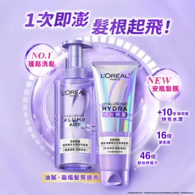 【L’OREAL Paris 巴黎萊雅】珍珠蛋白瞬順柔亮/玻尿酸水光豐盈/黃金柔韌修護系列洗髮露_2入組 (洗髮精)