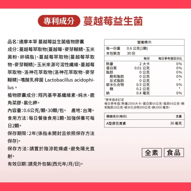 【達摩本草】蔓越莓益生菌 2入30顆/包(專科醫生推薦、足量原花青素)