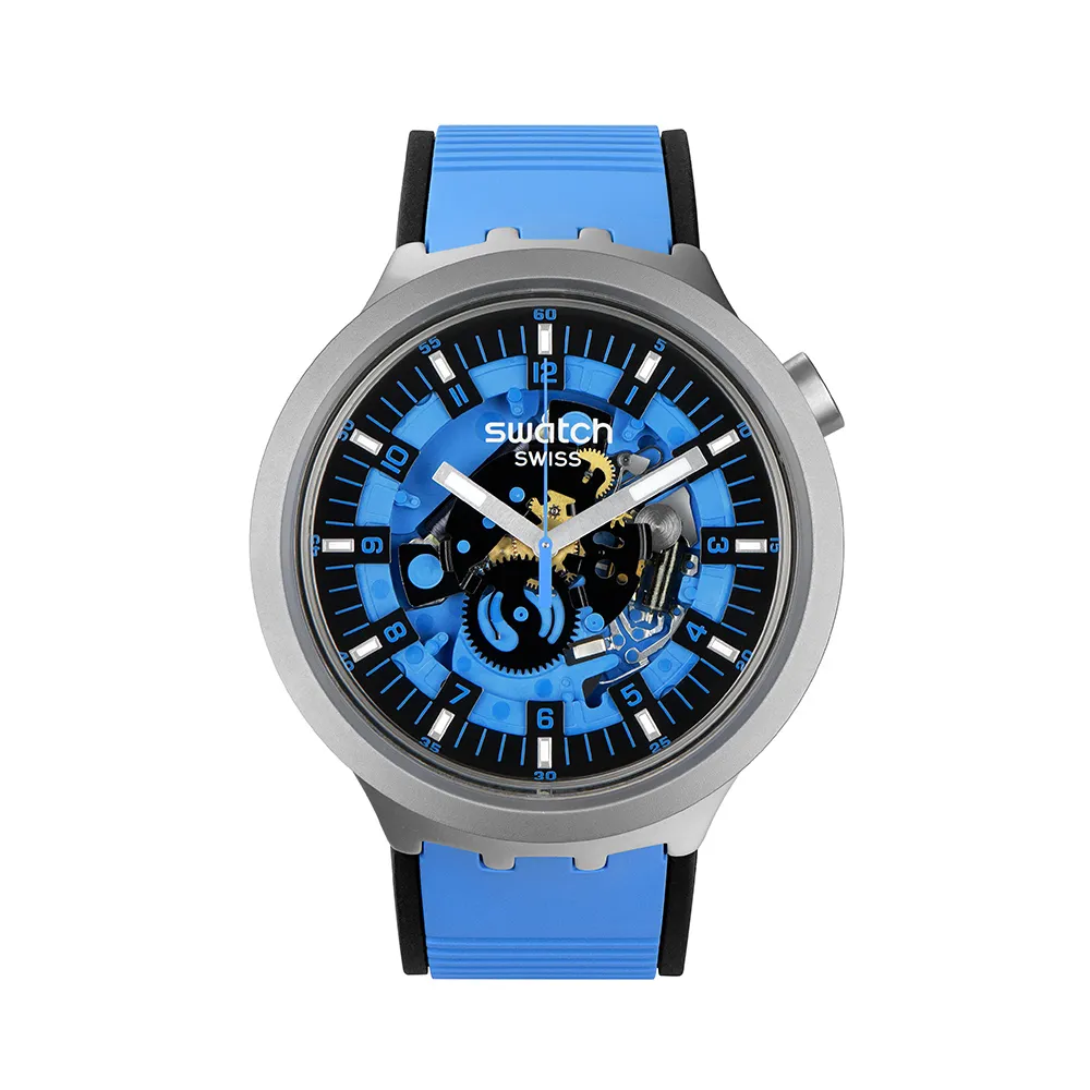 【SWATCH】AZURE BLUE DAZE 大錶面金屬手錶/男錶/女錶/瑞士製造 SB07S106(47mm)