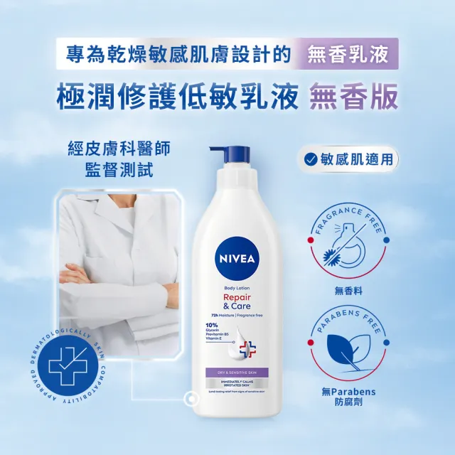 【NIVEA 妮維雅】買1送1★極潤低敏修護乳液-無香版500ml(身體乳液/溫和舒緩/乾燥敏感)