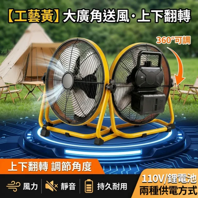 【Ogula 小倉】工業扇 無刷工業風扇 18V/21V通用鋰電池 雙用插電 360°調角 14寸工業扇（送電源線）無電池