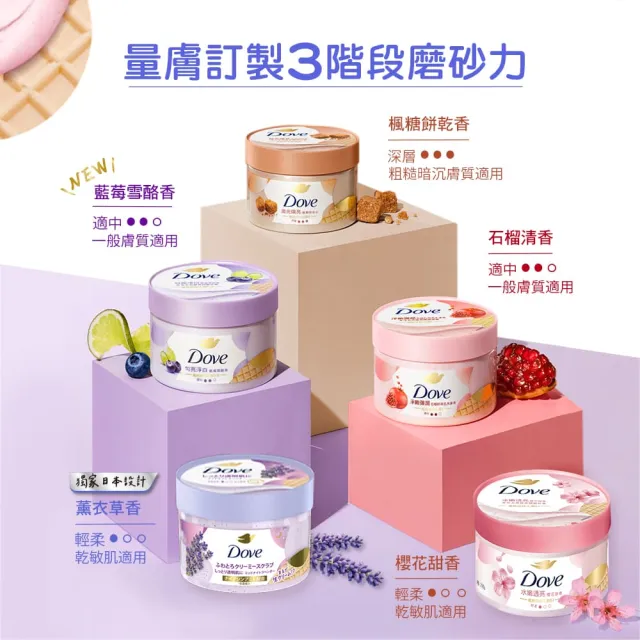 【Dove 多芬】去角質冰淇淋身體磨砂膏298gx2入(薰衣草/櫻桃/藍莓雪酪/石榴籽/櫻花/楓糖/奇異果籽)